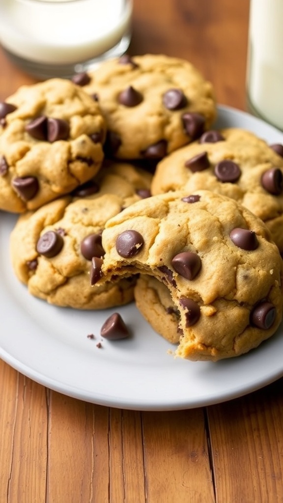 A plate of golden-brown chocolate chip doodles with chocolate chips, served with a glass of milk.